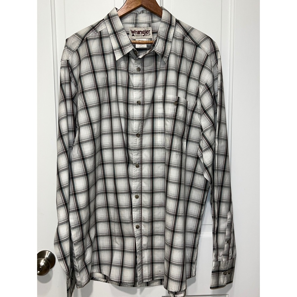 Wrangler Rugged Wear Mens XXL White Plaid Long Sleeve Button Down Shirt RWL99WH